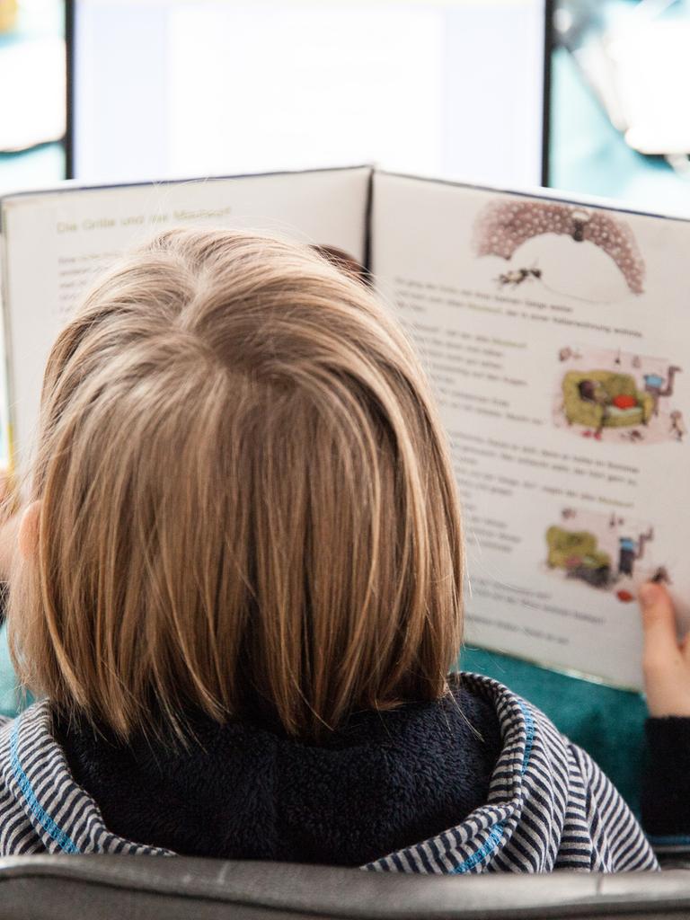 Ein Schulkind hat ein Schulbuch in der Hand, sitzt an einem Tisch und liest. Man sieht es von hinten.