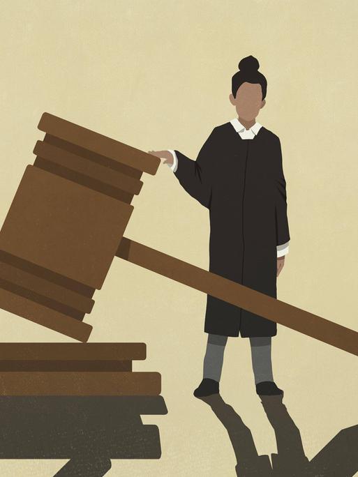 Illustration einer Richterin, die neben einem überdimensional großen Richterhammer steht.