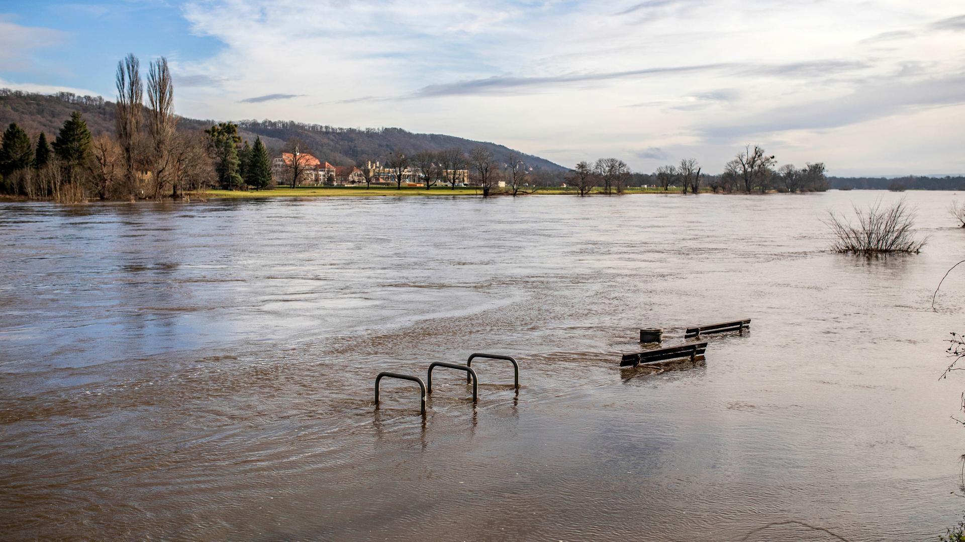 Ein Überschwemmungsgebiet der Elbe. Sitzbänke und Fahrradständer ragen aus dem Wasser heraus.