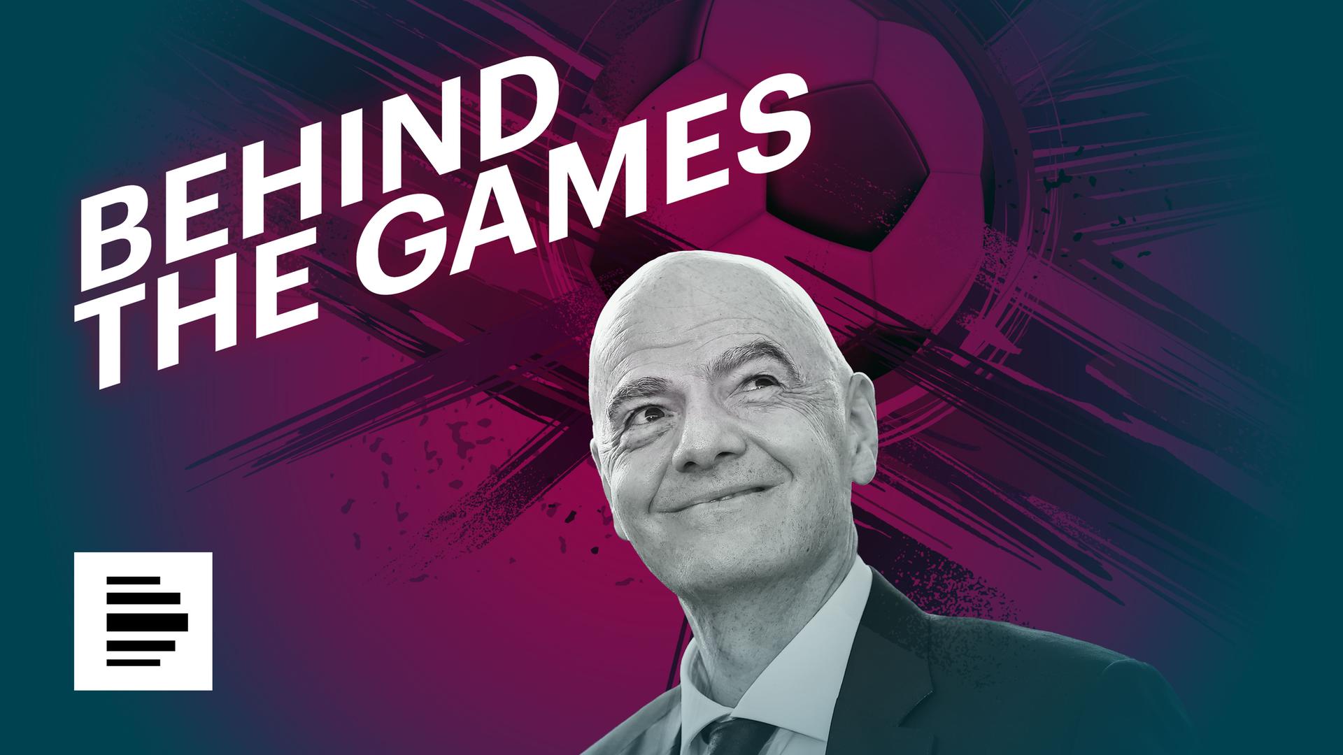 Grafisches Podcast‑Cover mit großem Schriftzug „BEHIND THE GAMES“. Im Vordergrund ein Porträt einer Person im Anzug, im Hintergrund ein stilisierter Fußball und dynamische Farbverläufe in Pink, Violett und Blau mit abstrakten Linien.