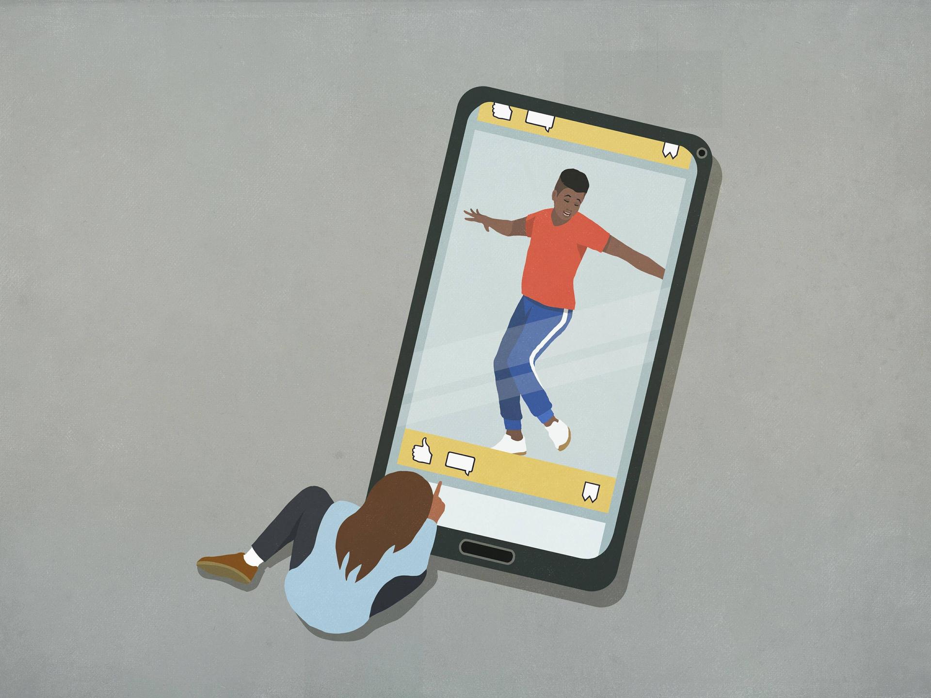 Die Illustration zeigt ein Mädchen in der Rückansicht, das auf ein überdimensional großes Handydisplay schaut, das eine tanzende Person zeigt. Es ist ein Like-Button auf dem Display zu erkennen. 