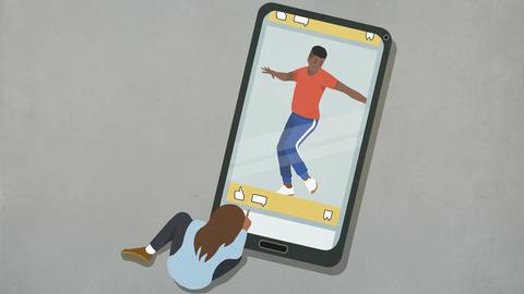 Die Illustration zeigt ein Mädchen in der Rückansicht, das auf ein überdimensional großes Handydisplay schaut, das eine tanzende Person zeigt. Es ist ein Like-Button auf dem Display zu erkennen. Die Illustration zeigt ein Mädchen in der Rückansicht, das auf ein überdimensional großes Handydisplay schaut, das eine tanzende Person zeigt. Es ist ein Like-Button auf dem Display zu erkennen.