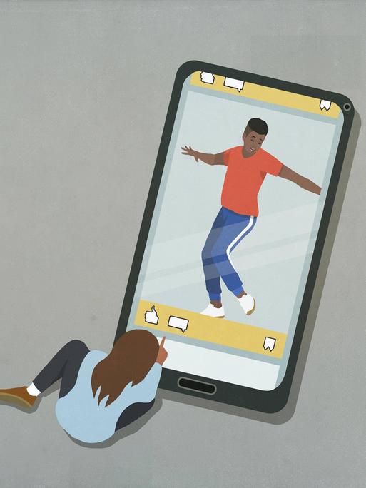 Die Illustration zeigt ein Mädchen in der Rückansicht, das auf ein überdimensional großes Handydisplay schaut, das eine tanzende Person zeigt. Es ist ein Like-Button auf dem Display zu erkennen. 