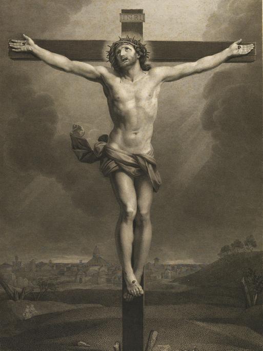 Die Kreuzigung des Jesus von Nazareth, im Hintergrund eine Stadt: nach Guido Reni, 1870, digital restaurierte Reproduktion von einer Vorlage aus dem 19. Jahrhundert