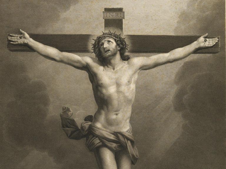 Die Kreuzigung des Jesus von Nazareth, im Hintergrund eine Stadt: nach Guido Reni, 1870, digital restaurierte Reproduktion von einer Vorlage aus dem 19. Jahrhundert