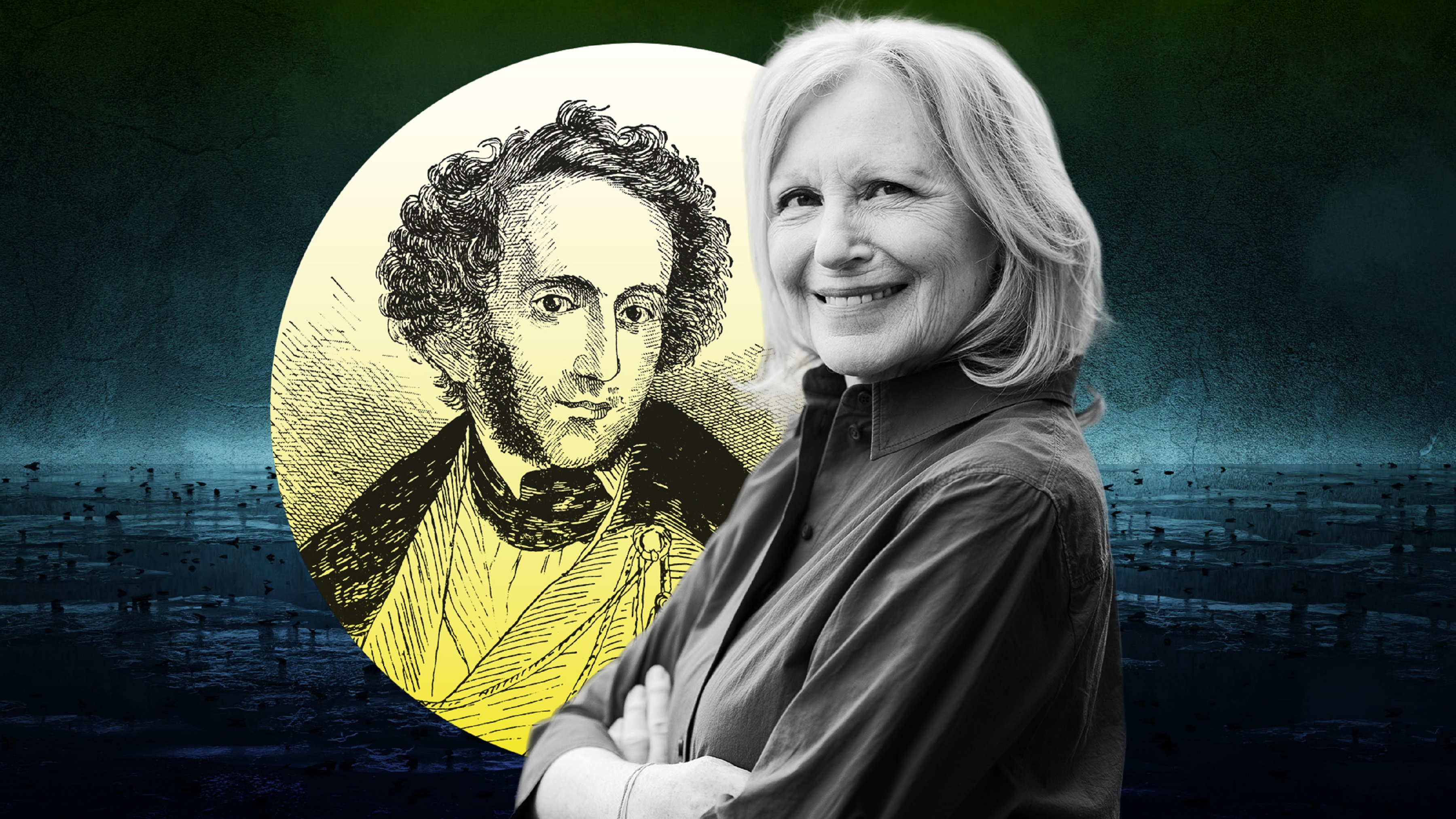 Freigestelltes Portrait von Maren Kroymann, was neben einem mit gelbem Verlauf gefüllten Kreis sitzt, der auf einem dunklen Untergrund steht. Im Kreis eine alte Grafik von Mendelssohn