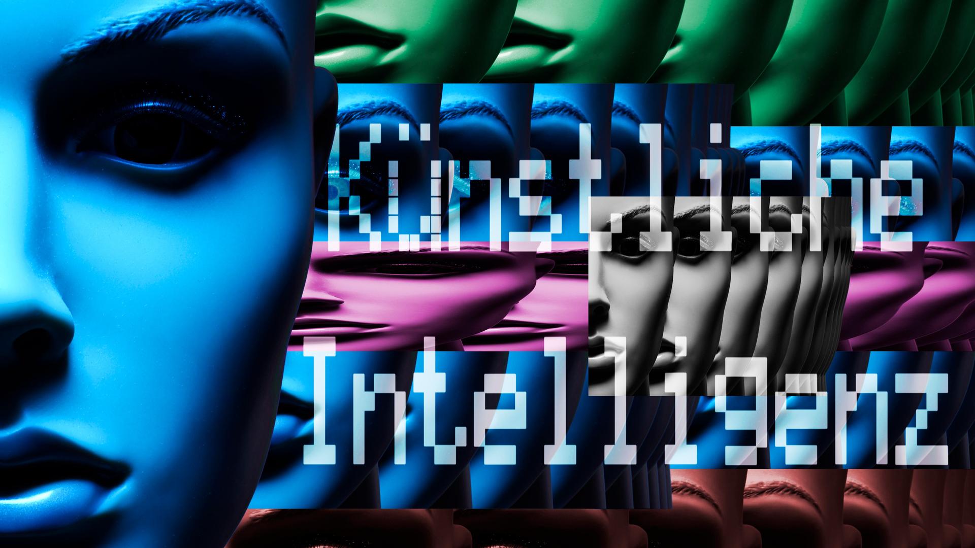 Gesicht einer Schaufensterpuppe mit Schriftzug Künstliche Intelligenz, Fotomontage