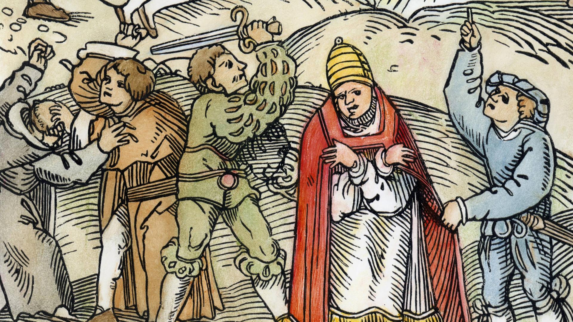 Bauern kämpfen gegen Mönche und den Papst im deutschen Bauernkrieg, Holzschnitt von 1524. 