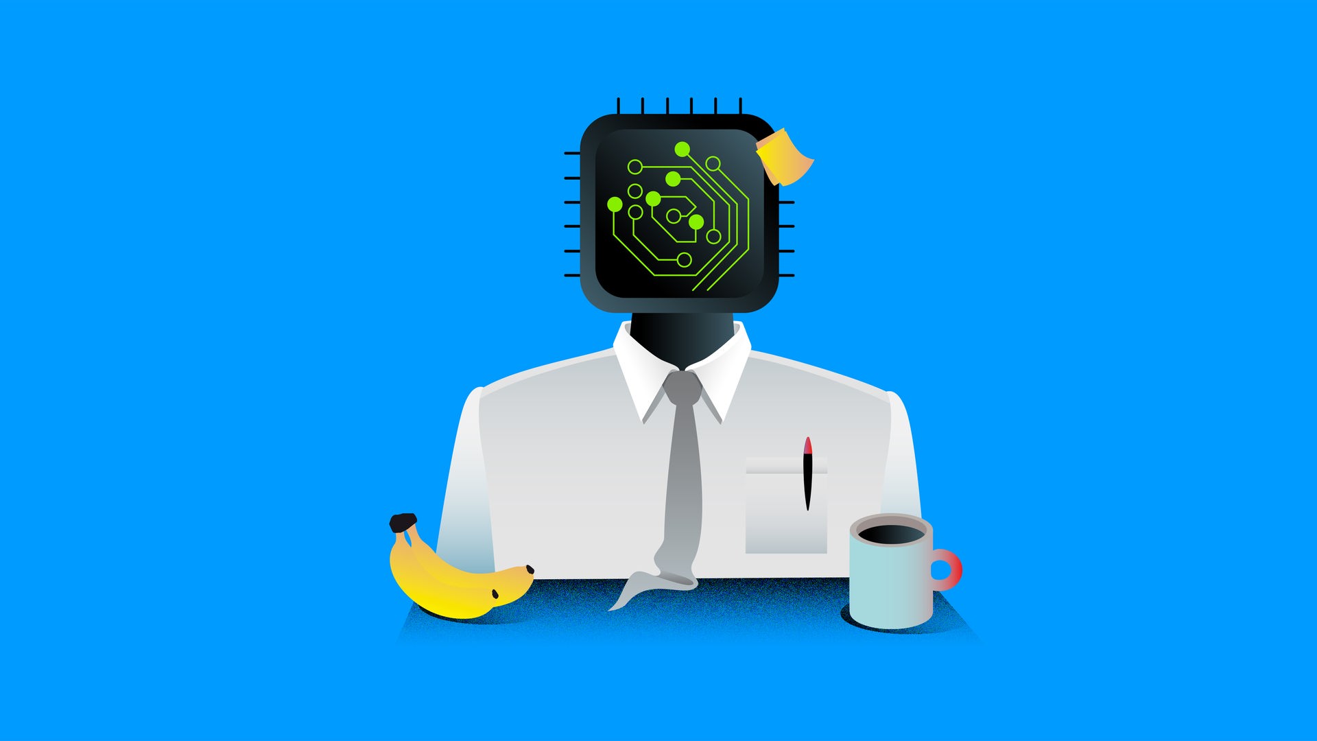 Illustration einer Person am Arbeitsplatz, die statt eines Kopfes einen Mikrochip auf den Schultern sitzen hat. Illustration einer Person am Arbeitsplatz, die statt eines Kopfes einen Mikrochip auf den Schultern sitzen hat.