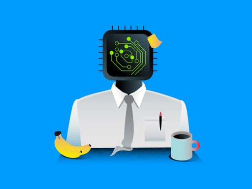 Illustration einer Person am Arbeitsplatz, die statt eines Kopfes einen Mikrochip auf den Schultern sitzen hat. Illustration einer Person am Arbeitsplatz, die statt eines Kopfes einen Mikrochip auf den Schultern sitzen hat.