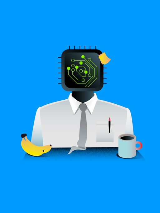 Illustration einer Person am Arbeitsplatz, die statt eines Kopfes einen Mikrochip auf den Schultern sitzen hat. Illustration einer Person am Arbeitsplatz, die statt eines Kopfes einen Mikrochip auf den Schultern sitzen hat.