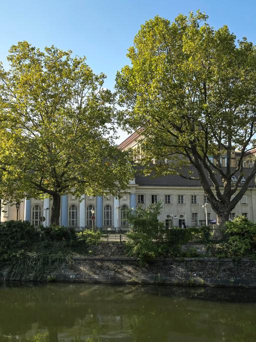 Die Synagoge am Fraenkelufer in Berlin-Kreuzberg, umgeben von Bäumen. 