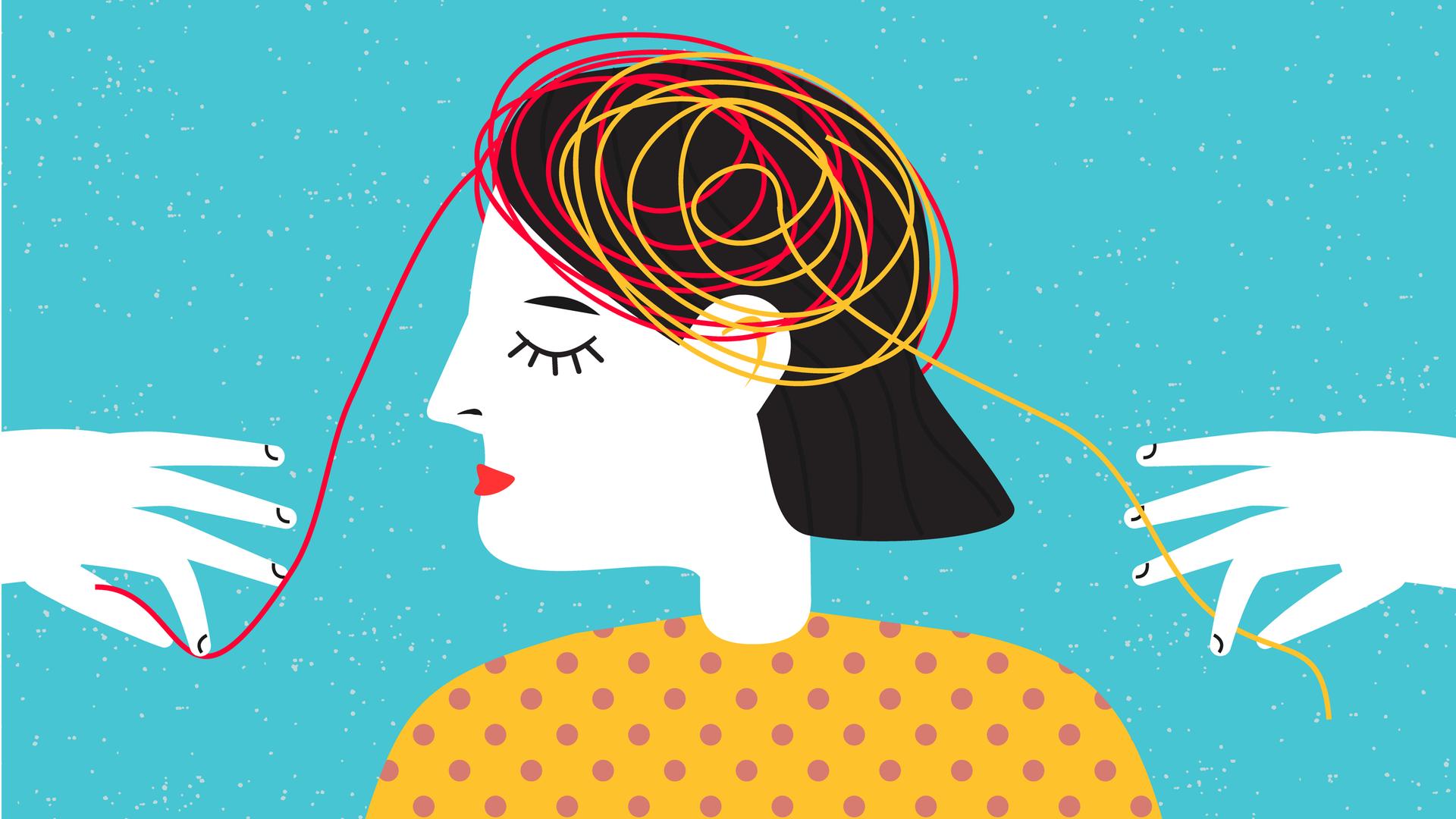 Abstrakte grafische Illustration zu Stimmungen und Gemütszuständen zeigt eine Person mit einem Wirrwarr von Fäden im Kopf. Konzept zu psychischer Gesundheit und Psychotherapie. Abstrakte grafische Illustration zu Stimmungen und Gemütszuständen zeigt eine Person mit einem Wirrwarr von Fäden im Kopf. Konzept zu psychischer Gesundheit und Psychotherapie.