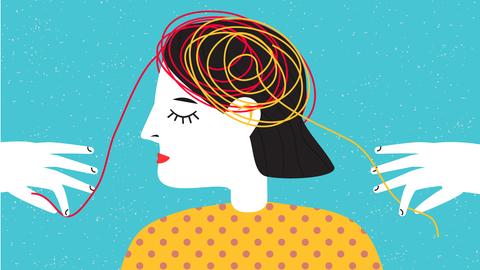 Abstrakte grafische Illustration zu Stimmungen und Gemütszuständen zeigt eine Person mit einem Wirrwarr von Fäden im Kopf. Konzept zu psychischer Gesundheit und Psychotherapie. 