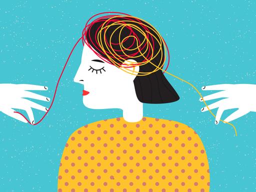 Abstrakte grafische Illustration zu Stimmungen und Gemütszuständen zeigt eine Person mit einem Wirrwarr von Fäden im Kopf. Konzept zu psychischer Gesundheit und Psychotherapie. 
