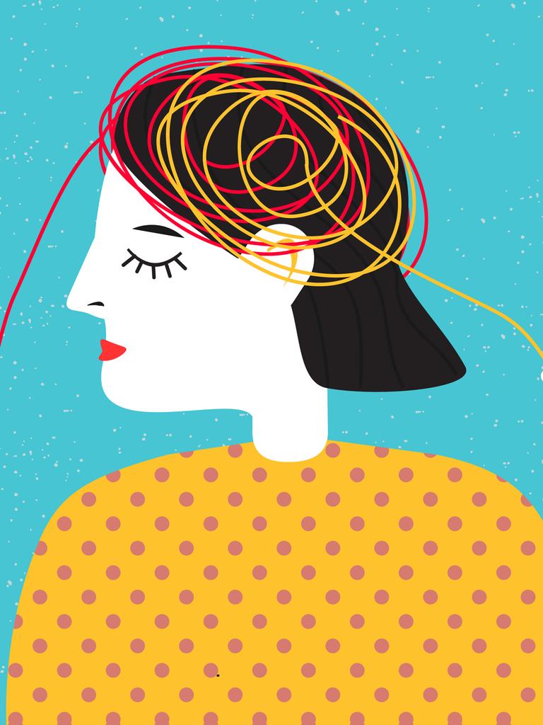 Abstrakte grafische Illustration zu Stimmungen und Gemütszuständen zeigt eine Person mit einem Wirrwarr von Fäden im Kopf. Konzept zu psychischer Gesundheit und Psychotherapie. 