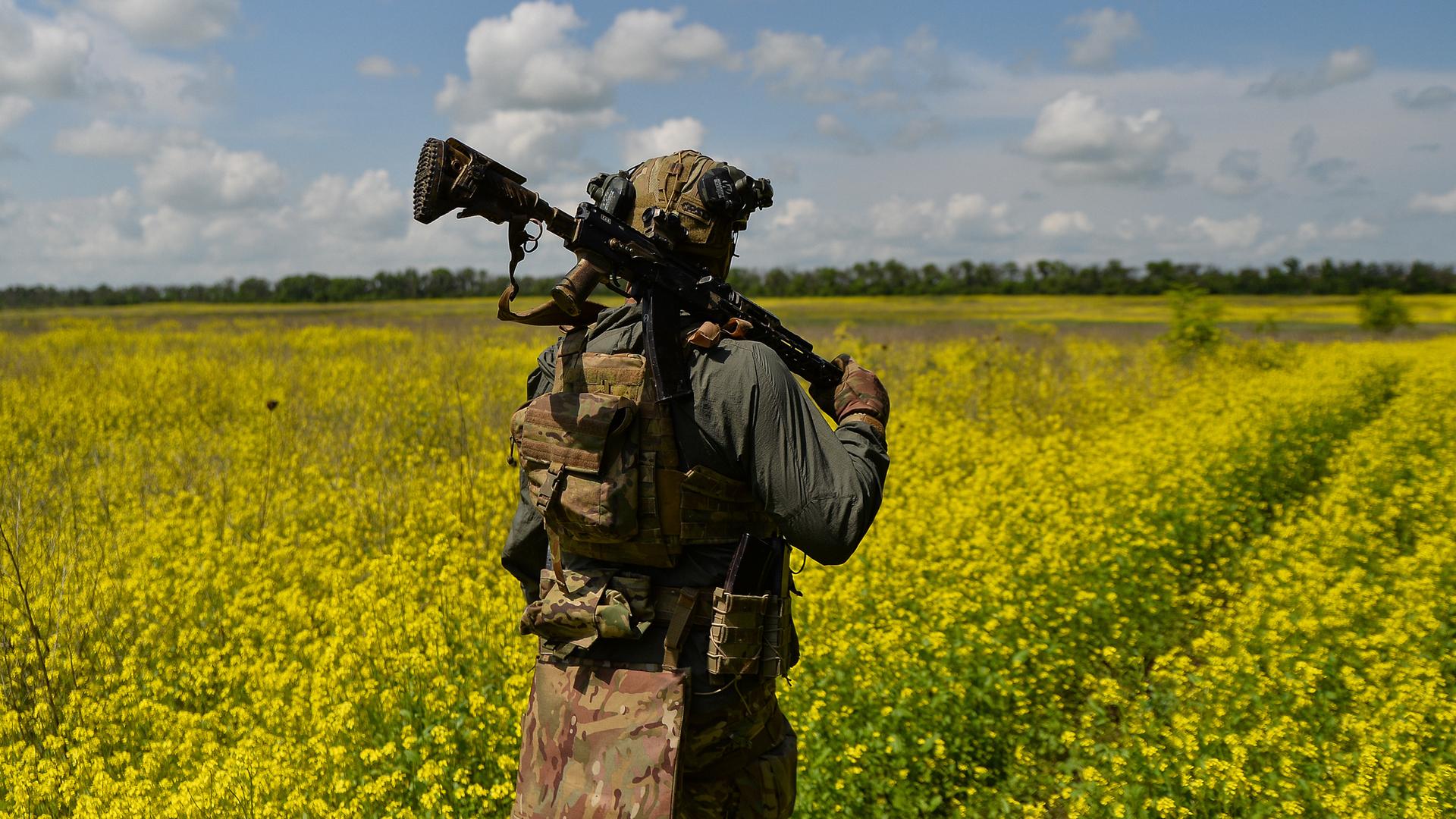 Ein ukrainischer Soldat läuft mit der Waffe über der Schulter durch ein blühendes Feld.
