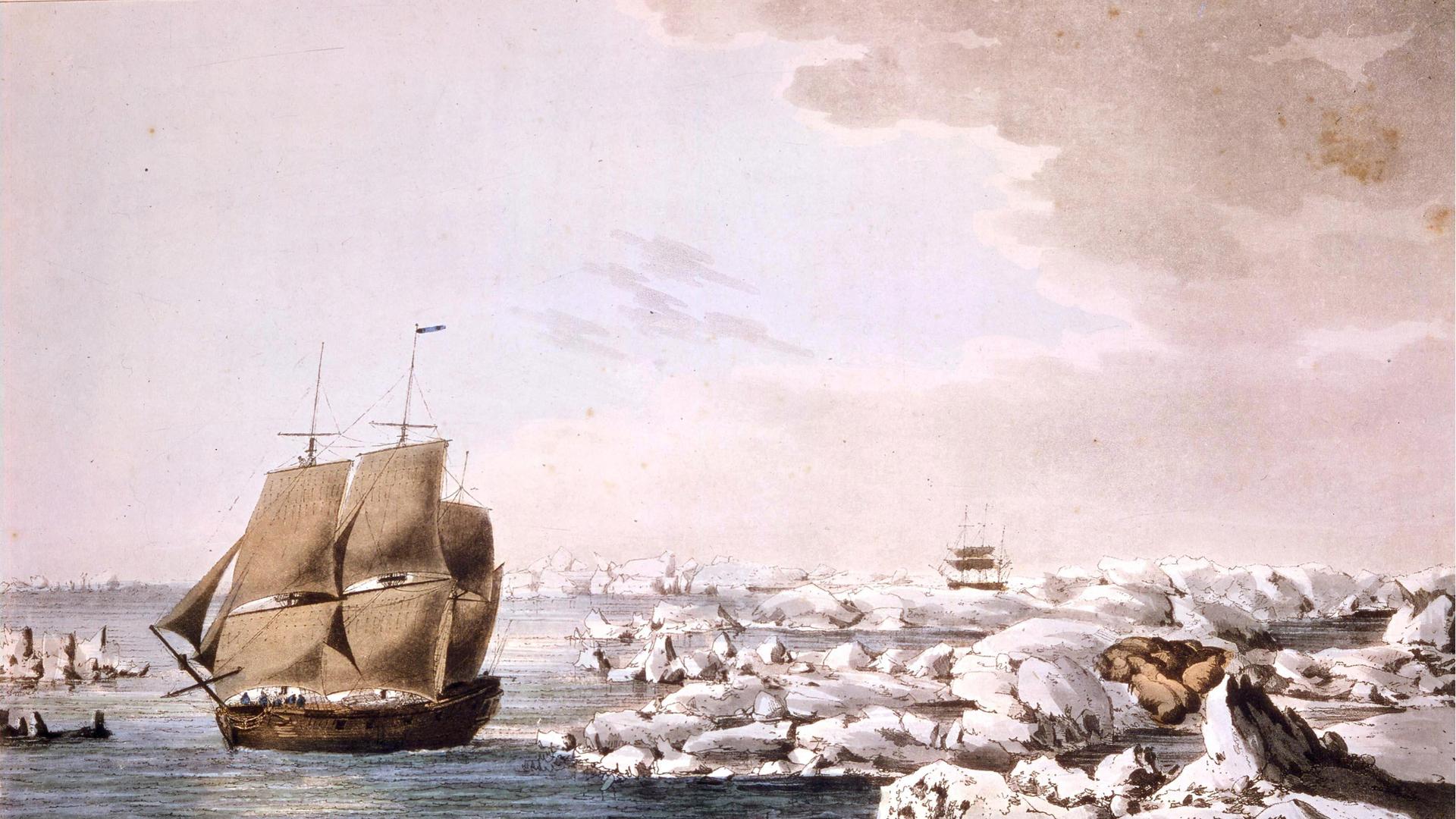 Die HMS Resolution, James Cooks Segelschiff bei seiner zweiten Südseereise, schlägt sich durchs Eis. Mit der vom Eis eingeschlossenen Discovery im Hintergrund: Gemälde von James Cooks Expeditionsmaler John Webber 