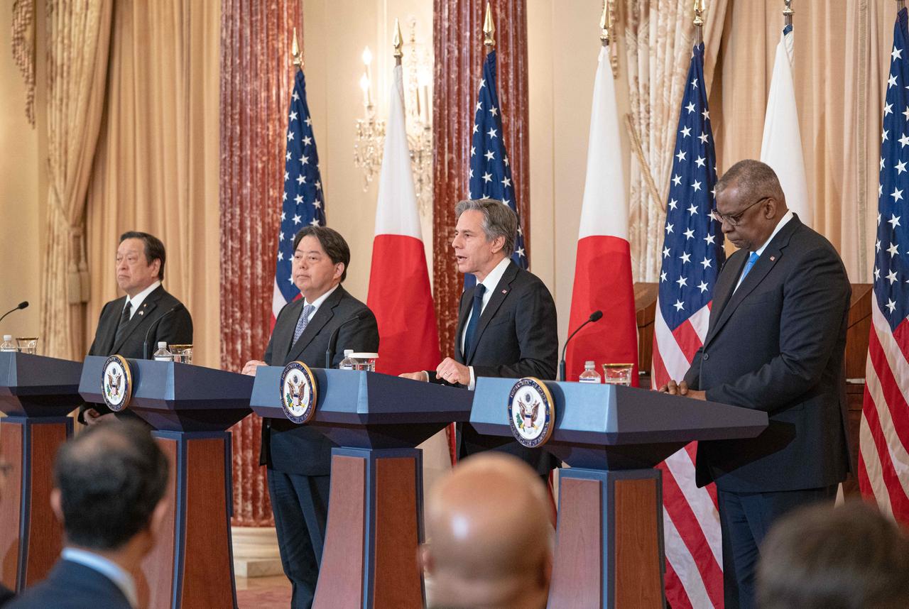 January 11, 2023, Washington, DC: Japanese Defense Minister Yasukazu Hamada, Japanese Foreign Minister Yoshimasa Hayashi, US Secretary of State Tony Blinken, and US Secretary of Defense Lloyd Austin.