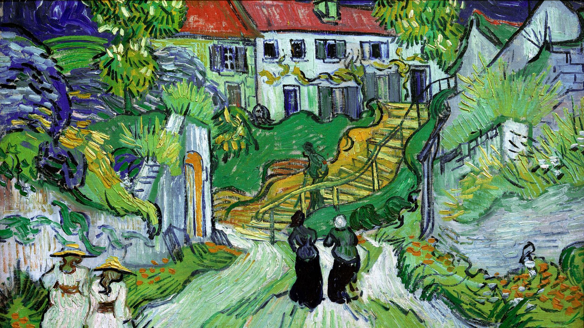 Das Gemälde "Treppe in Auvers" von Vincent van Gogh zeigt eine Ansicht des Dorfes Auvers-sur-Oise in leuchtenden Farben. 