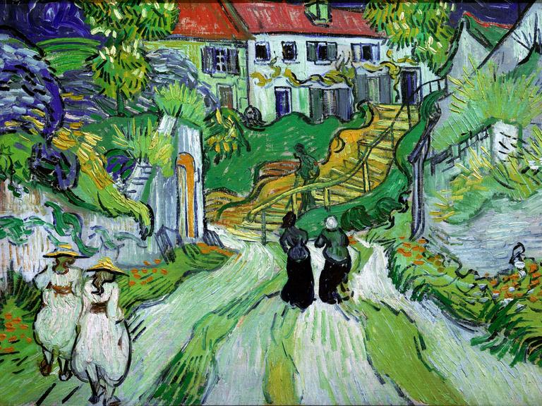 Das Gemälde "Treppe in Auvers" von Vincent van Gogh zeigt eine Ansicht des Dorfes Auvers-sur-Oise in leuchtenden Farben. 