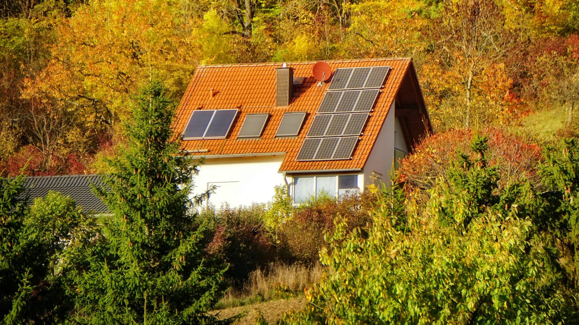 Inmitten eines herbstlich aussehenden Waldes steht ein Einfamilienhaus. Auf dem Dach befinden sich Solaranlagen.
