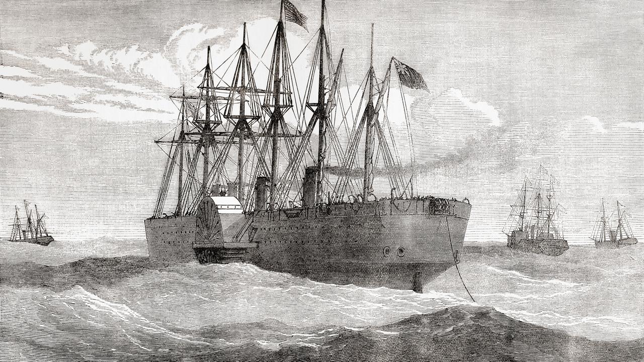 Die "S.S. Great Eastern" verlegt im Atlantik 1866 das erste Telefonkabel zwischen den USA und Europa