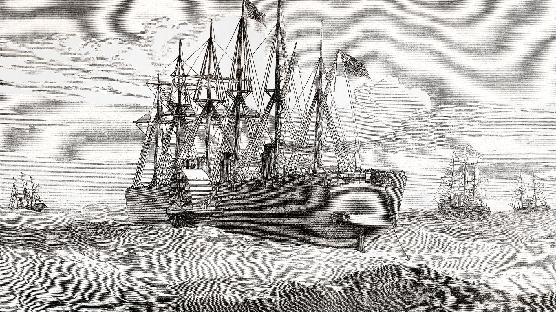 Die "S.S. Great Eastern" verlegt im Atlantik 1866 das erste Telefonkabel zwischen den USA und Europa Die "S.S. Great Eastern" verlegt im Atlantik 1866 das erste Telefonkabel zwischen den USA und Europa