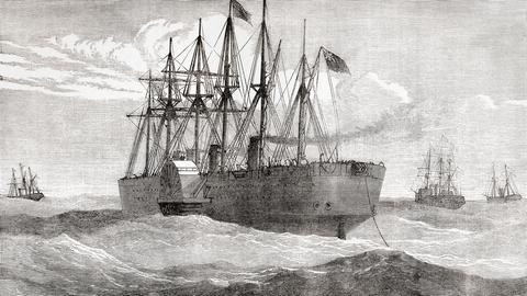 Die "S.S. Great Eastern" verlegt im Atlantik 1866 das erste Telefonkabel zwischen den USA und Europa