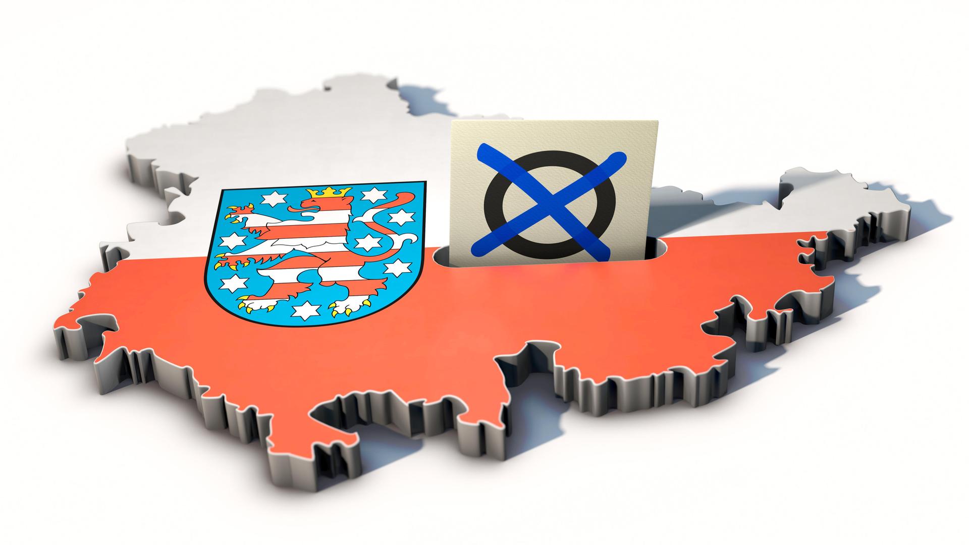 Das Symbolbild zeigt die Umrisse des Landes Thüringen mit dem Landeswappen und einem Stimmzettel.