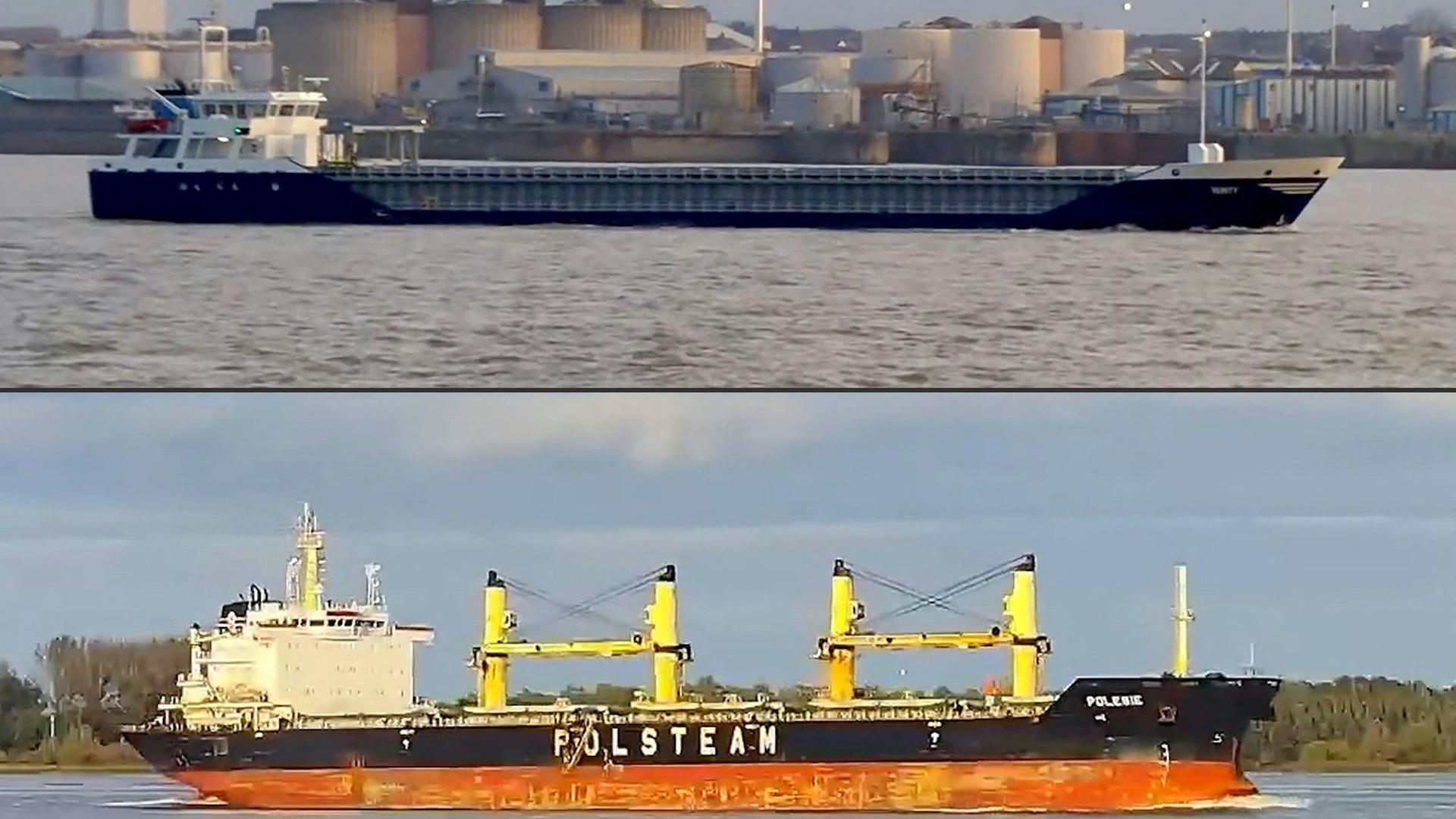 Das Foto zeigt eine Montage beider Frachter. Oben ist die Varity zu sehen. Im unteren Teil die Polesie.