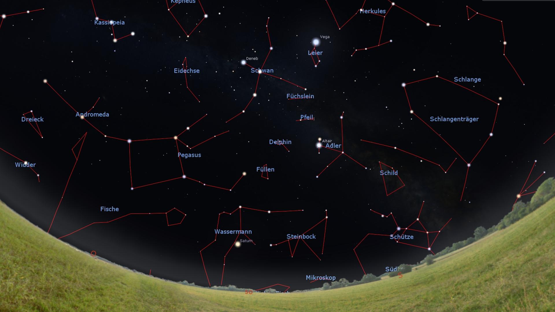 Der Anblick des südöstlichen Sternenhimmels morgen gegen Mitternacht des 01. August 2023 am 15. August um 23 Uhr und zu Monatsende gegen 22 Uhr MESZ. 

