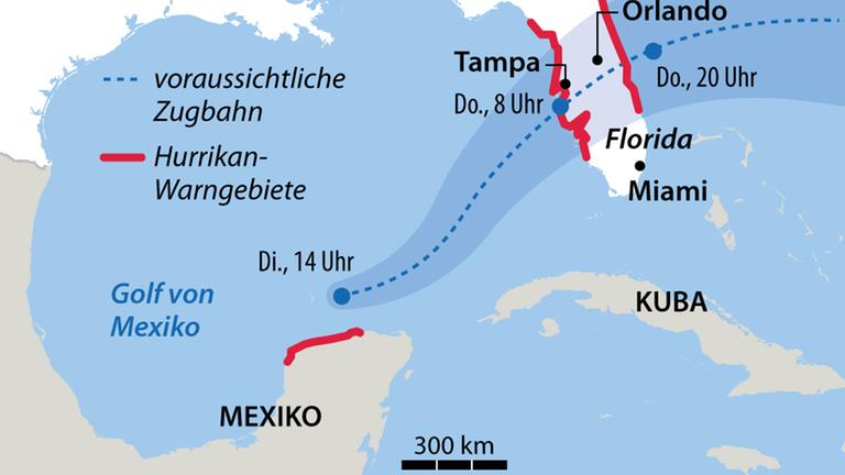 Die Karte zeigt den erwarteten Weg von Hurrikan "Milton" über Florida hinweg Richtung Atlantik.