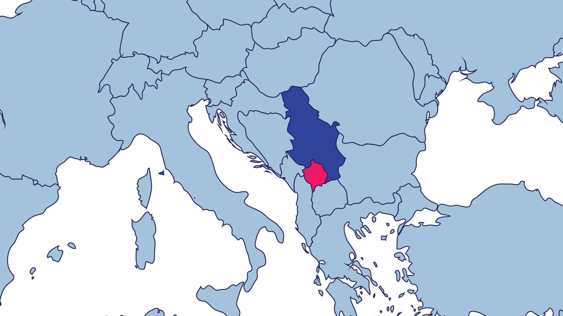 Auf einer Karte Europas zu sehen sind farblich abgesetzt von den anderen Ländern die benachbarten Staaten Serbien und Kosovo.