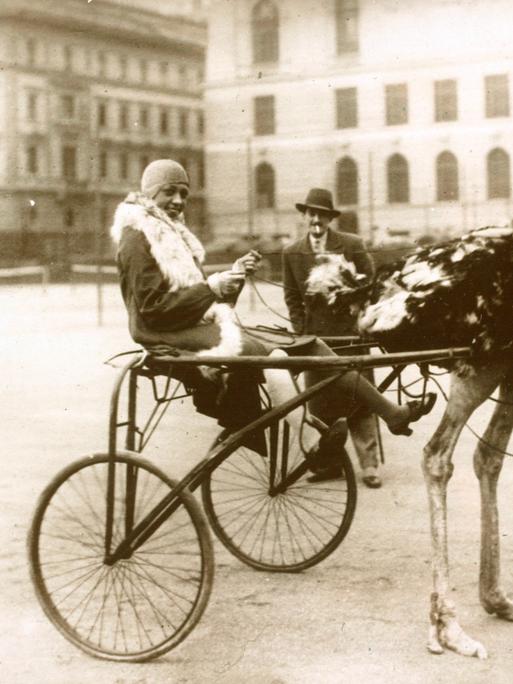 Die Tänzerin Josephine Baker im Straussengespann während ihres Gastspiels in Berklin, 1926 