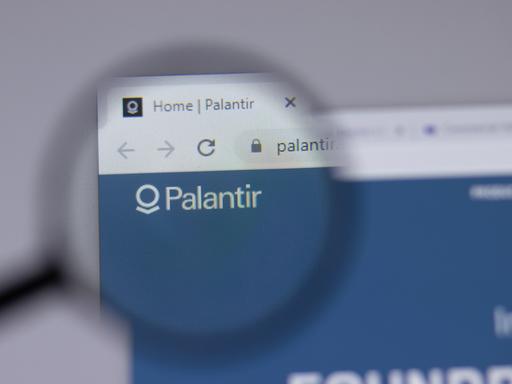 Eine Lupe vergrößert den Schriftzug "Palantir", der auf einer Website angezeigt wird.