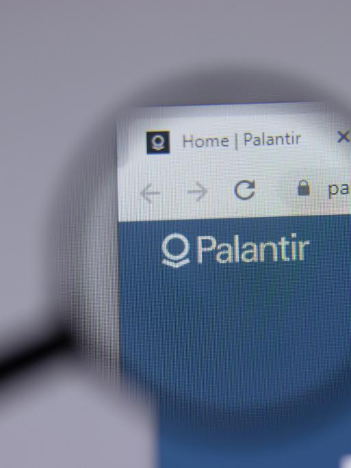 Eine Lupe vergrößert den Schriftzug "Palantir", der auf einer Website angezeigt wird.
