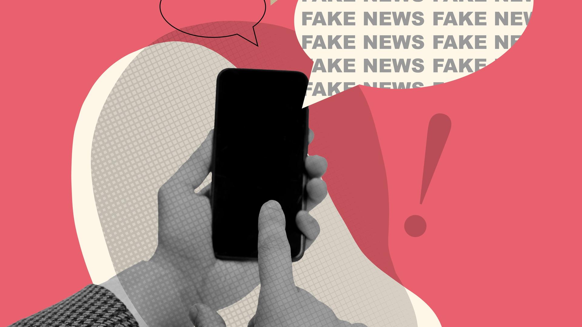 Illustration: Eine Hand tippt auf einem Smartphoebildschirm, dahinter liegt eine Sprechblase mit dem wiederkehrenden Begriff "Fake News".
