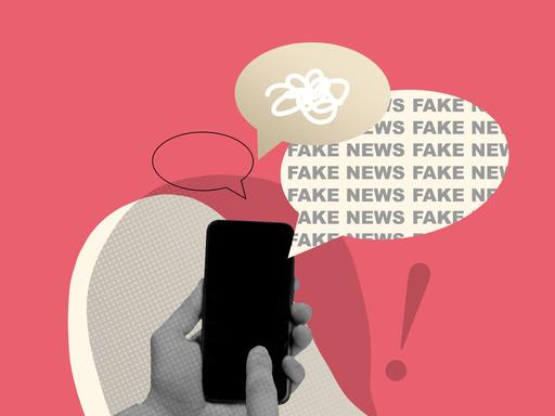 Illustration: Eine Hand tippt auf einem Smartphoebildschirm, dahinter liegt eine Sprechblase mit dem wiederkehrenden Begriff "Fake News".