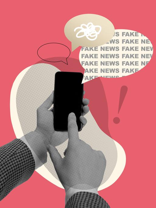 Illustration: Eine Hand tippt auf einem Smartphonebildschirm, dahinter liegt eine Sprechblase mit dem wiederkehrenden Begriff "Fake News".