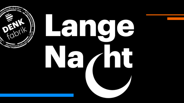 Schwarzes Visual mit weißer Schrift "Lange Nacht" und dem Stempel der Denkfabrik