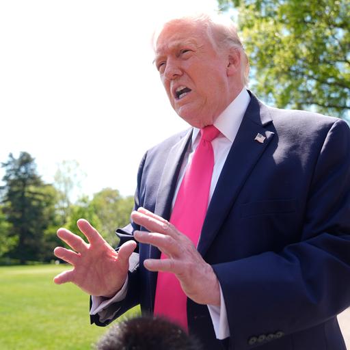 Donald Trump steht auf dem Rasen hinter dem Weißen Haus und gestikuliert.