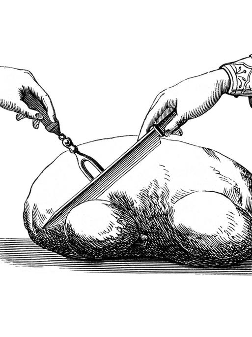 Die historische Schwarzweiß-Illustration zeigt eine gebratene Gans: Eine Hand spießt eine Gabel hinein und eine andere schneidet mit einem Messer einen Flügel ab