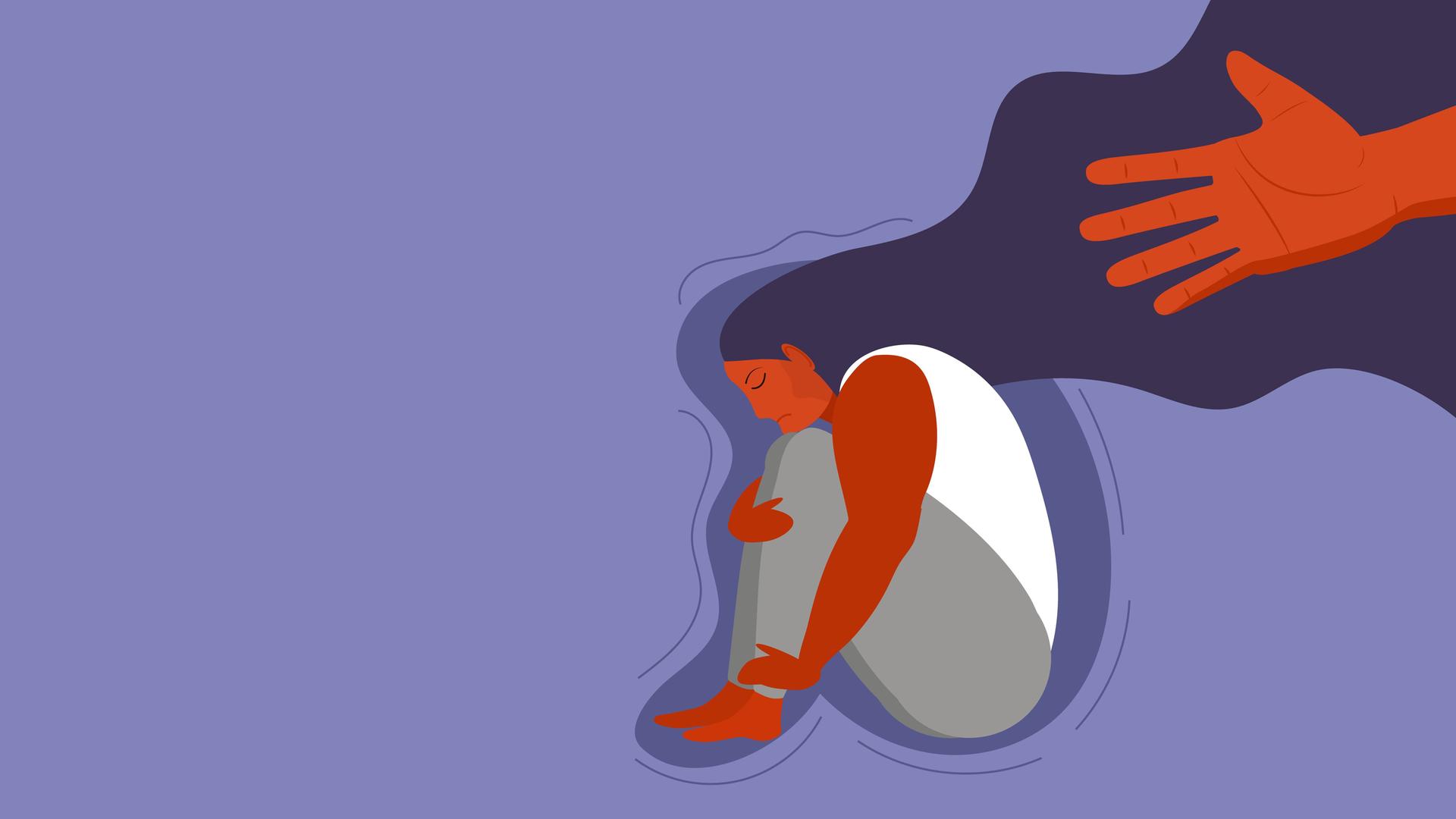 Illustration: Ein trauriges Mädchen mit langen Haaren sitzt in gebeugter Haltung und umarmt ihre Knie, von hinten erscheint eine Hand. Illustration: Ein trauriges Mädchen mit langen Haaren sitzt in gebeugter Haltung und umarmt ihre Knie, von hinten erscheint eine Hand.