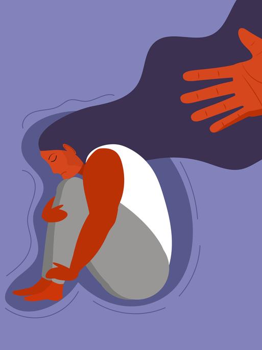 Illustration:  Ein trauriges Mädchen mit langen Haaren sitzt in gebeugter Haltung und umarmt ihre Knie, von hinten erscheint eine Hand.