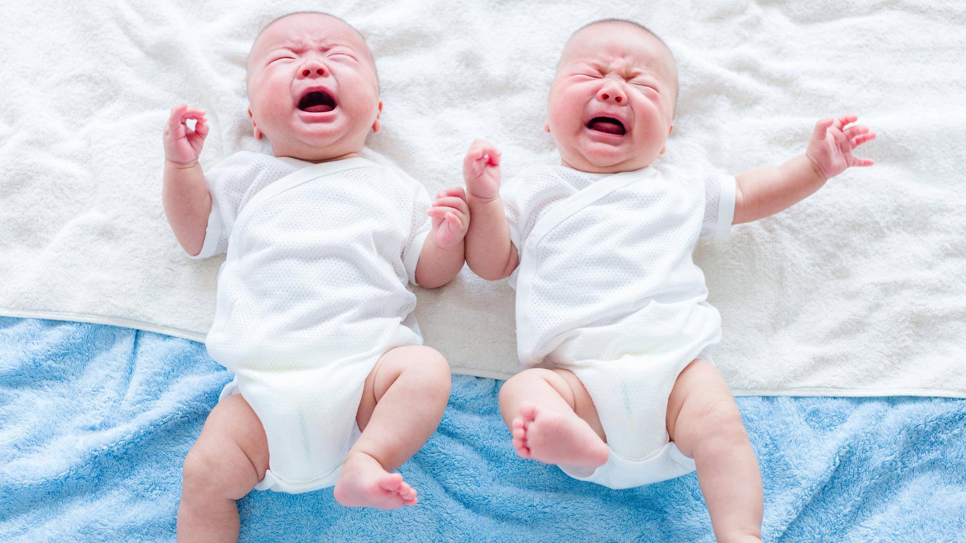 Ein japanisches Baby-Zwillingspaar liegt auf einer Decke.