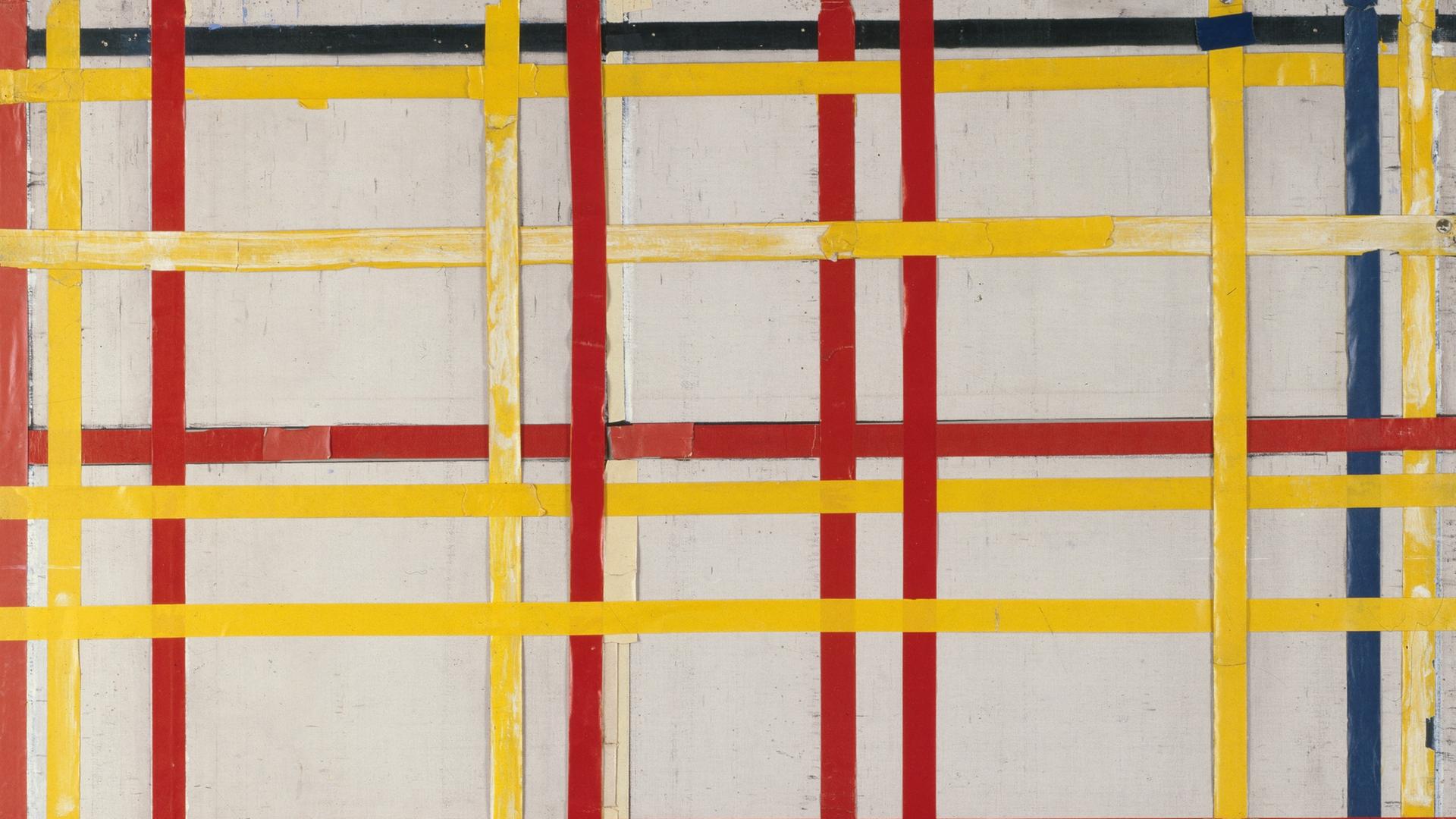 Ölgemälde: weiße quadratisch Fläche auf der sich rote, gelbe und blaue Linien im rechten Winkel kreuzen.
