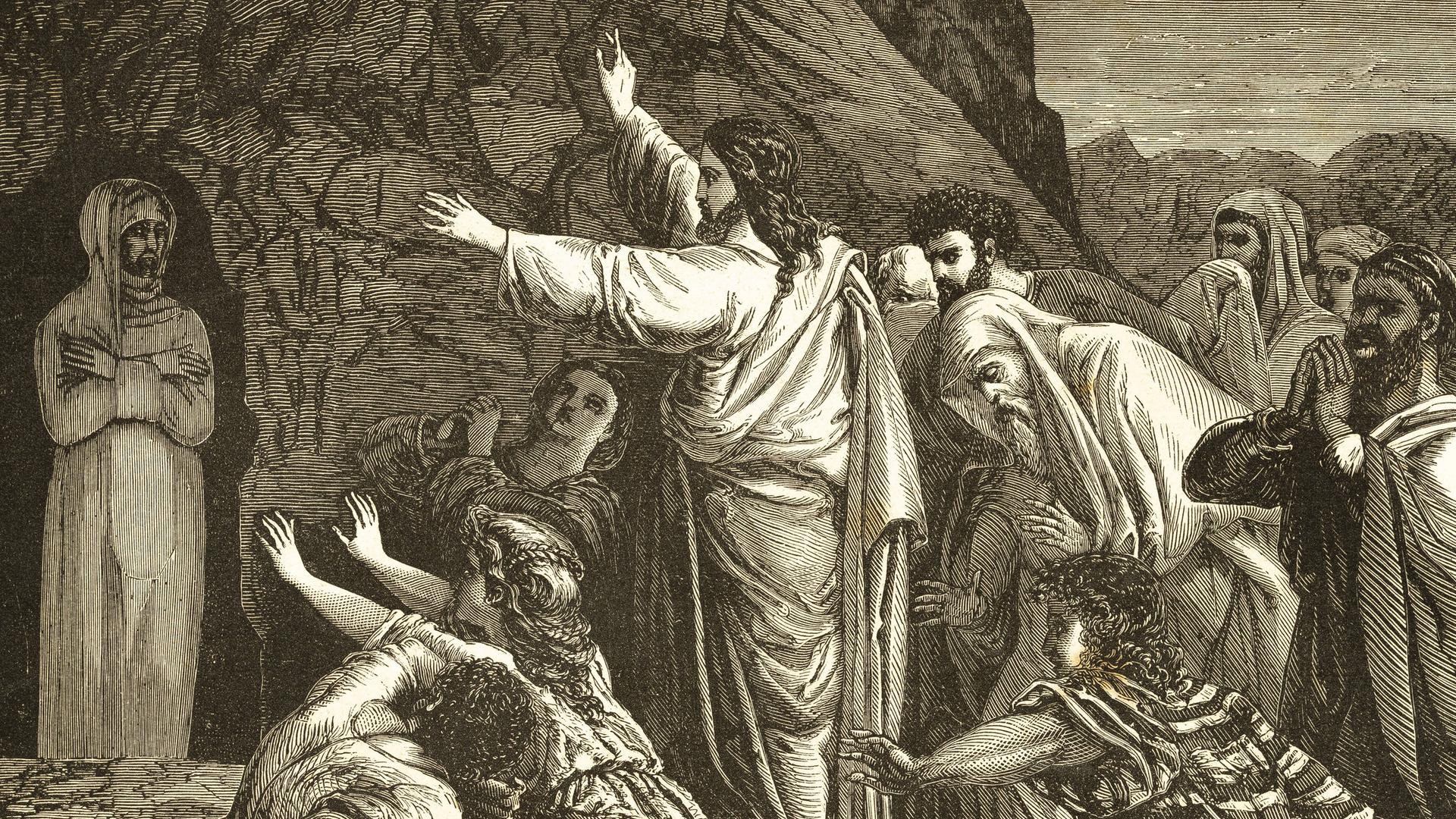Lazarus tritt aus der Gruft hervor. Vor ihm steht Jesus, auf dem Boden staunende Menschen. 