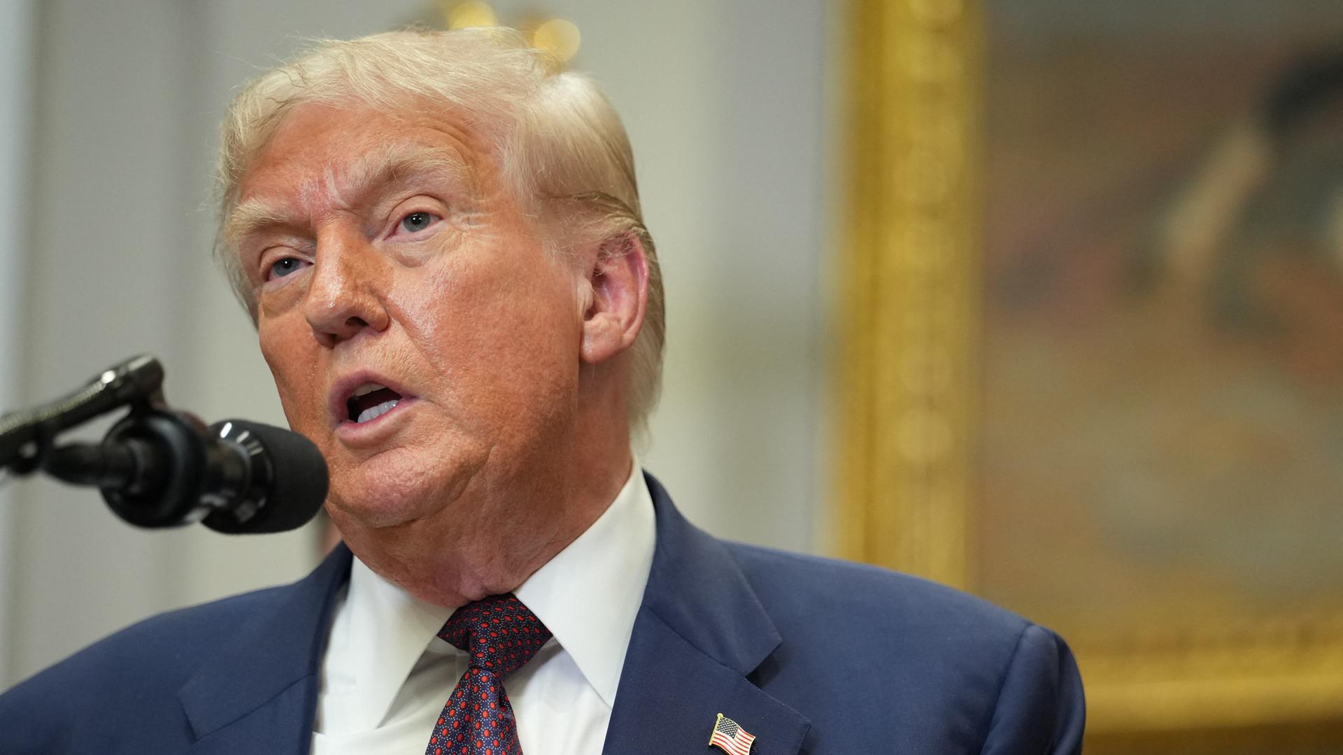 US-Präsident Donald Trump spricht bei einer Executive-Order-Zeremonie im Weißen Haus in Washington in ein Mikrofon.