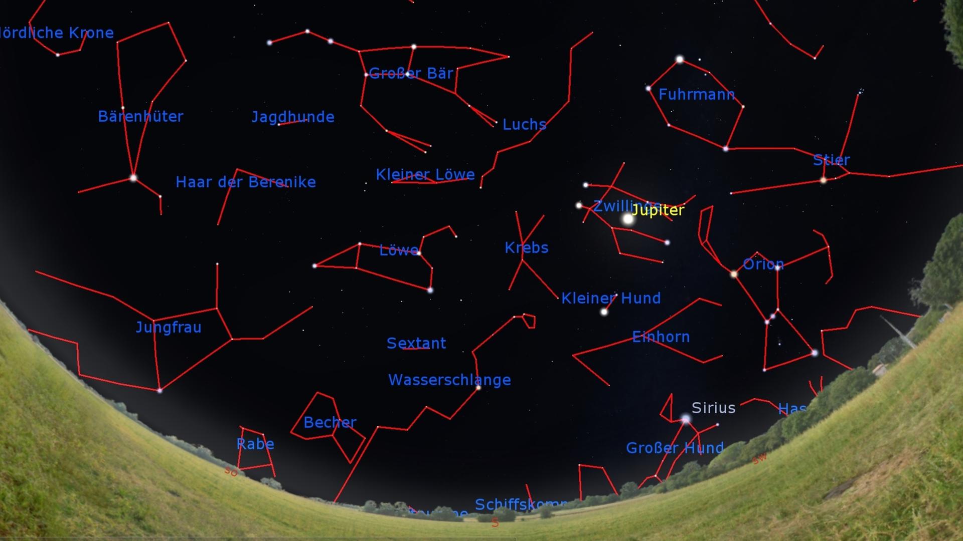 Orion, Sirius & Co. auf dem Rückzug – dafür lauern im Südosten schon die Frühlingssternbilder: Der Himmel morgen gegen 23 Uhr, am 15. März gegen 22 Uhr und am Monatsletzten gegen 22 Uhr MESZ.